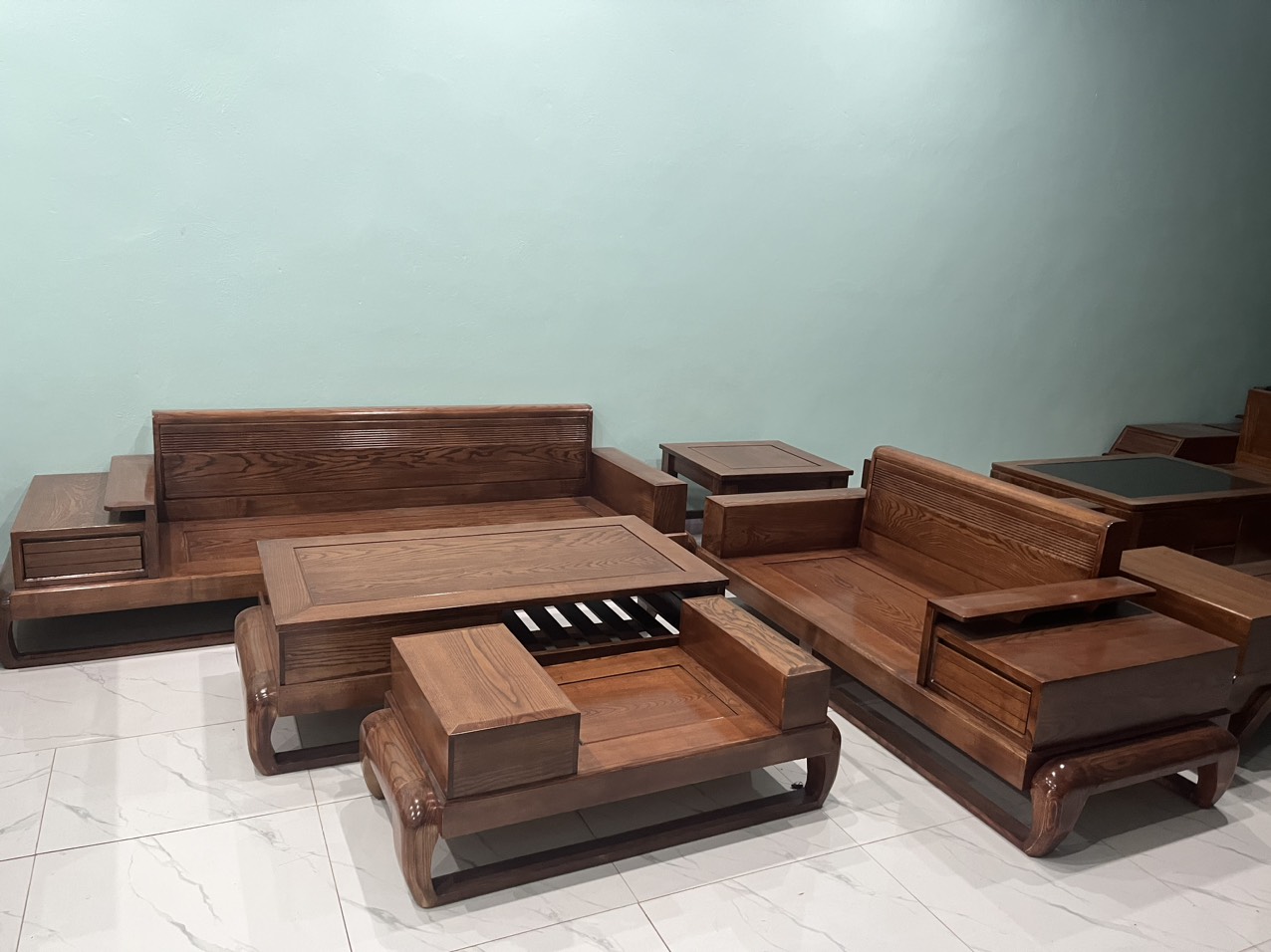 Bộ Bàn Ghế Gỗ Phòng Khách đùi gà 2 văng gỗ sồi nga