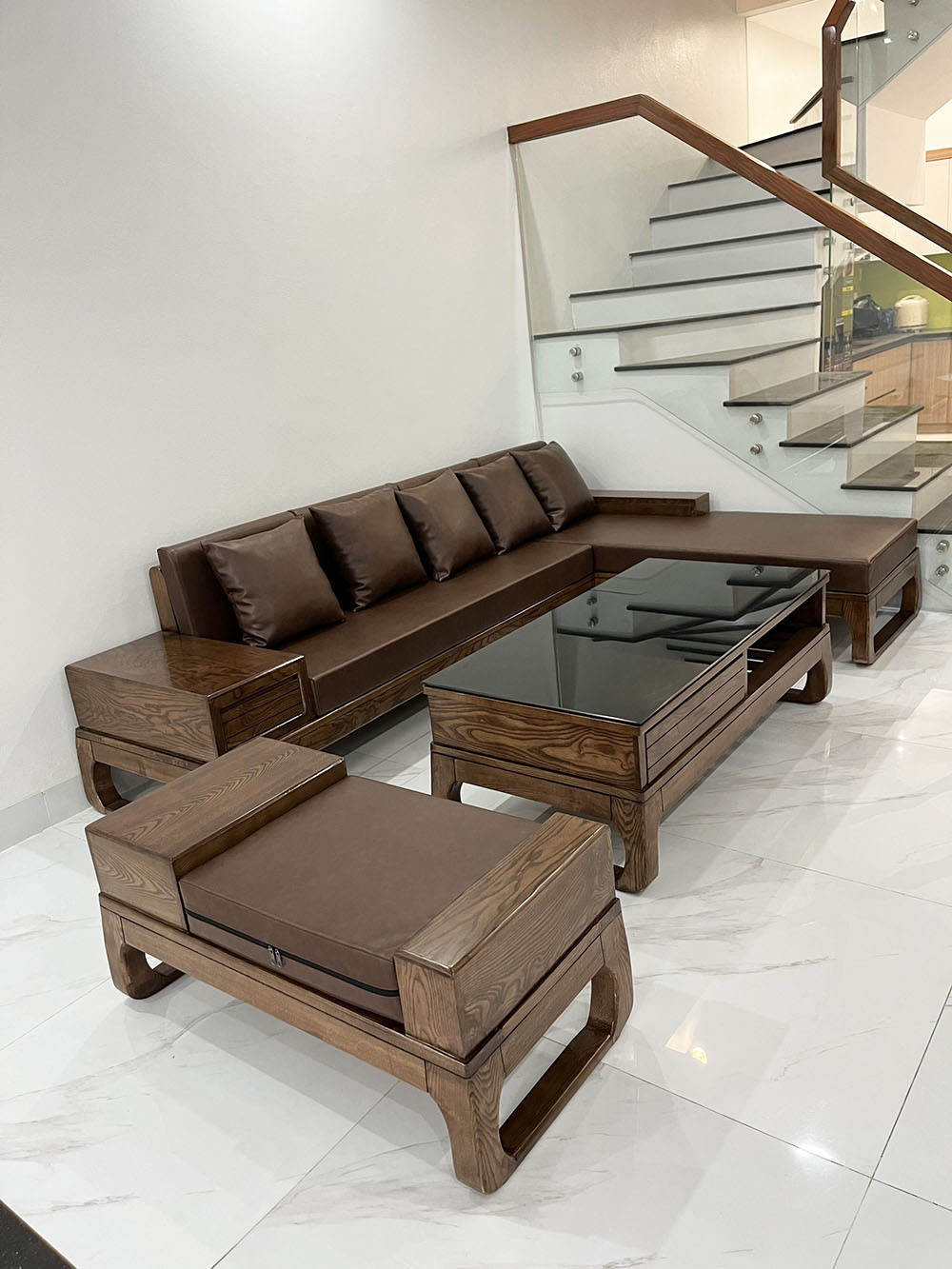 Bộ Bàn Ghế Phòng Khách Sofa Gỗ Sồi Nga Dài 2m7
