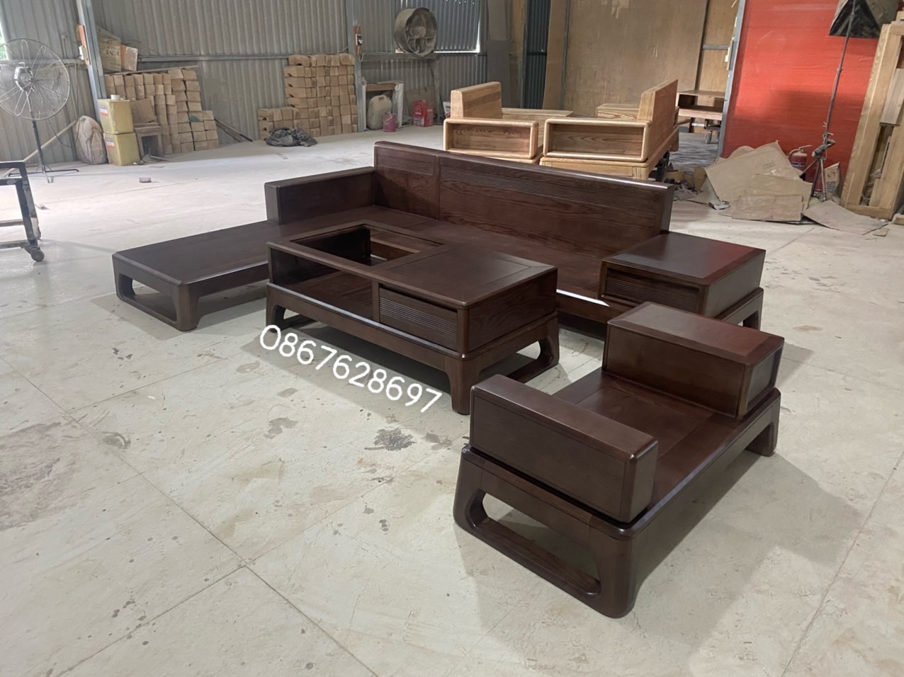 Sofa góc L chân quỳ gỗ sồi nga hàng khuân 4cm
