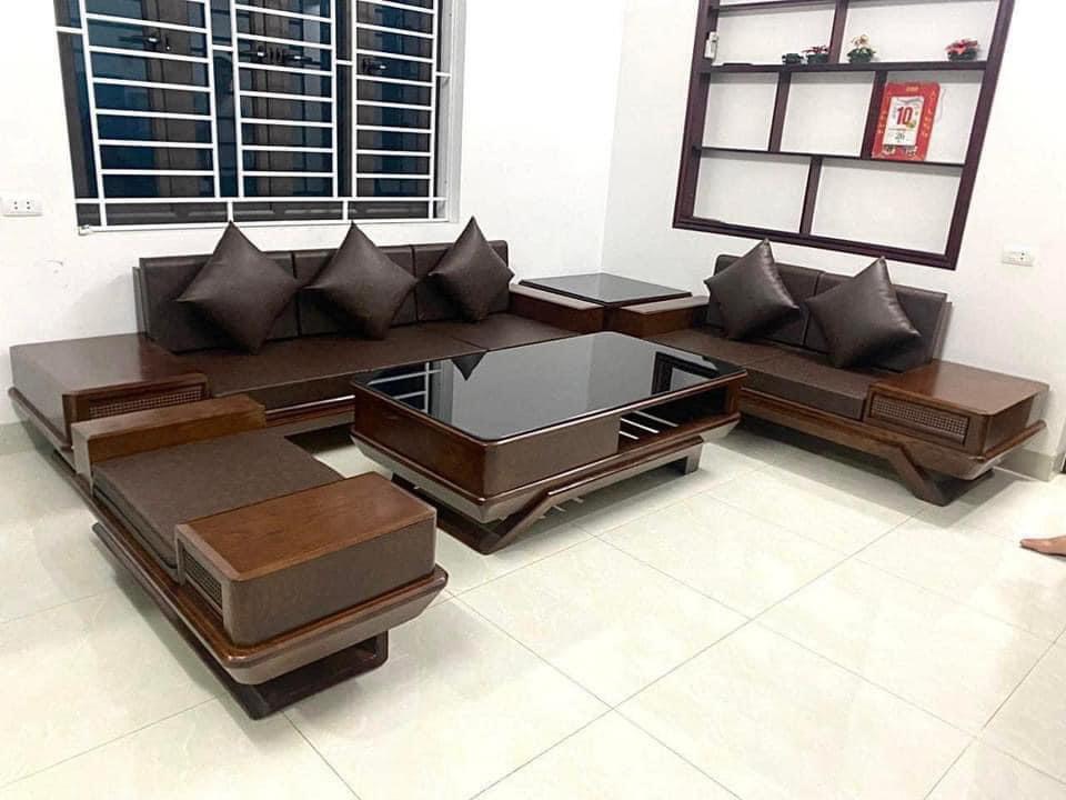 Bàn ghế sofa gỗ góc L chân thuyền cho phòng khách nhỏ