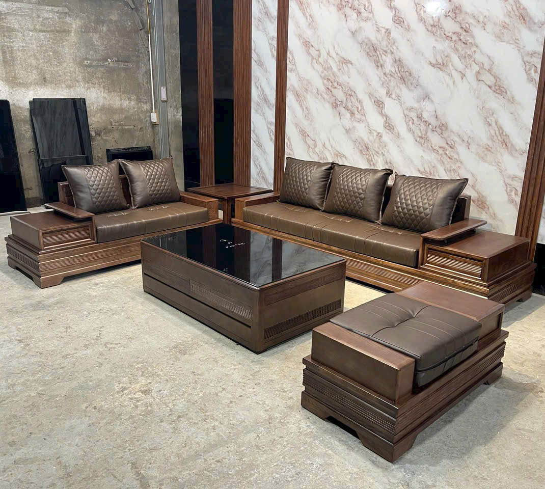 Bộ Bàn Ghế Gỗ Phòng Khách Dùi Gà Chân Pháo 2 Văng
