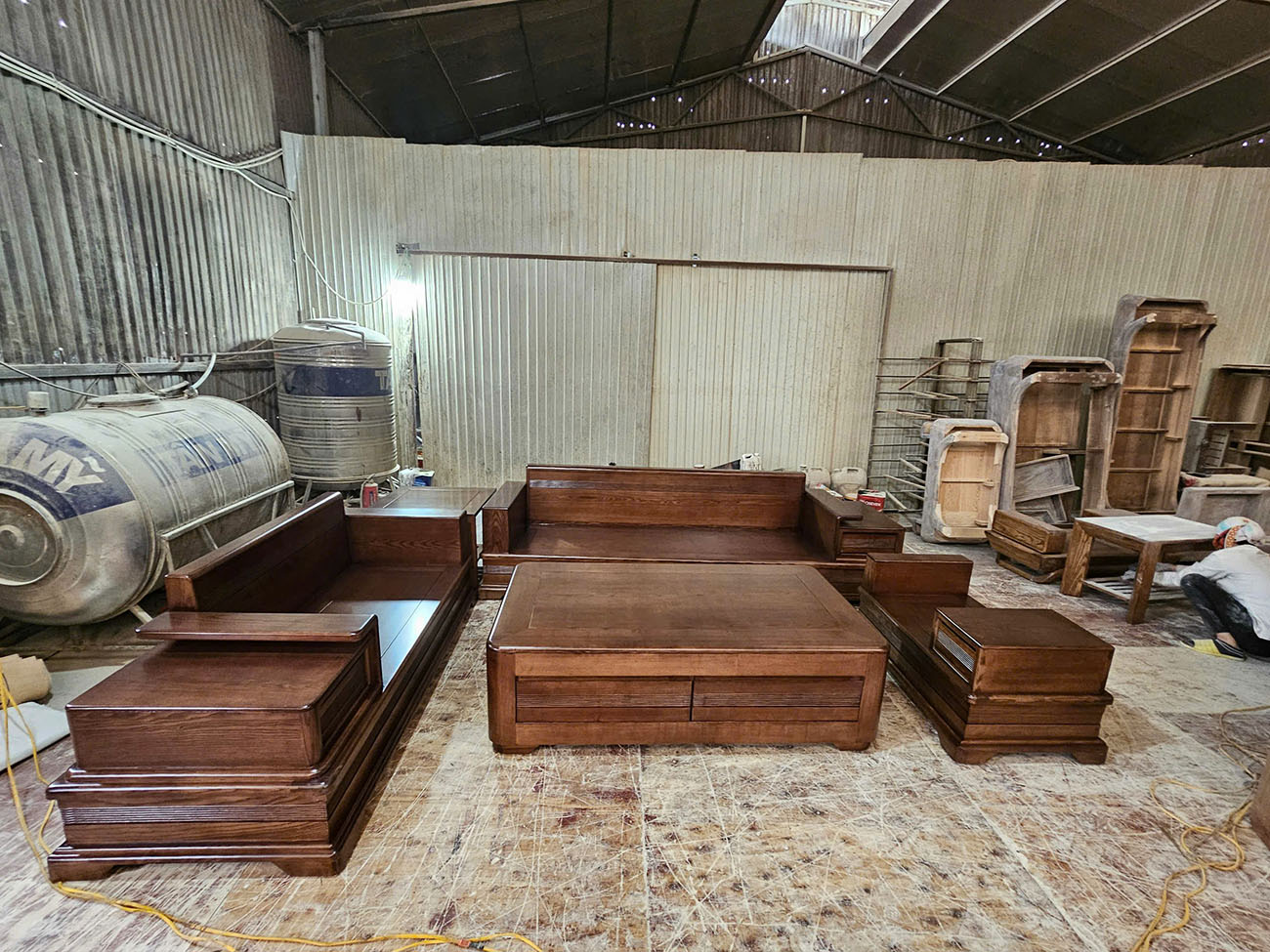 Bàn ghế phòng khách sofa gỗ 2 văng pháo gà