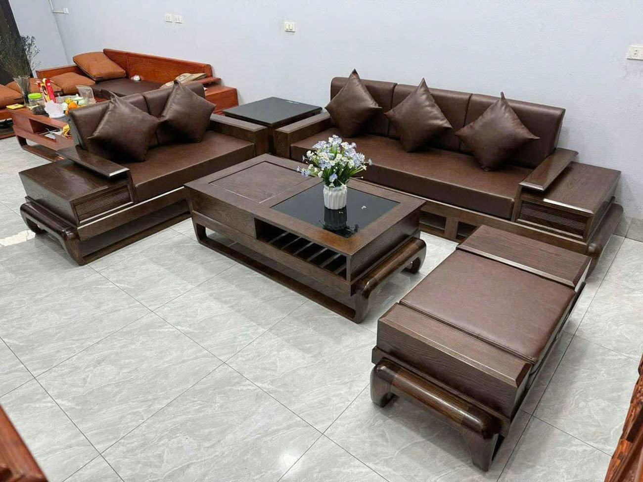 Bàn ghế phòng khách sofa gỗ đùi gà 2 băng